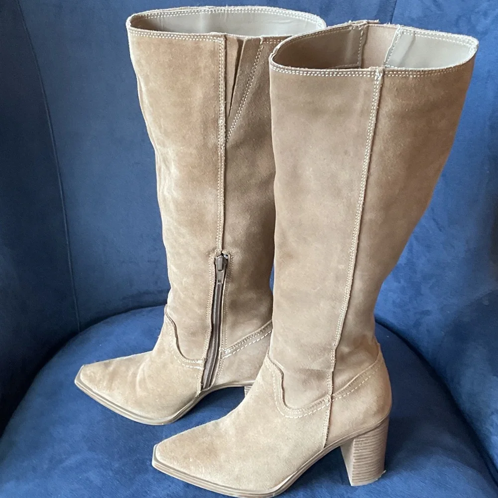 Steve Madden Camel Elexis Suede Heeled Boots - Picture 2 of 9